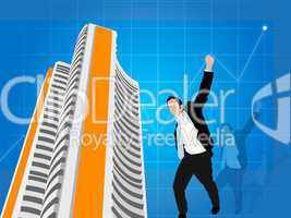 business man expressing victory with stock exchange background