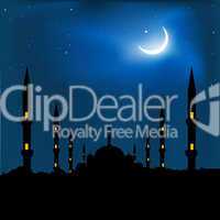 silhouette of a mosque with crescent shape moon