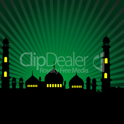 silhouette of a mosque with green rays background
