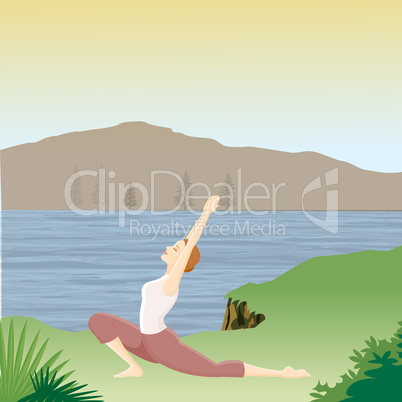 woman doing yoga with river mountain background