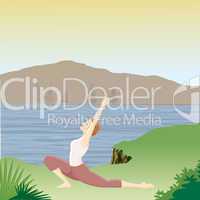 woman doing yoga with river mountain background