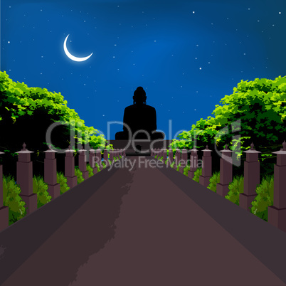 silhouette view of buddha statue, crescent shaped moon