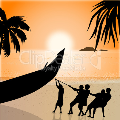 silhouette view of fishermen pulling boat, beachside