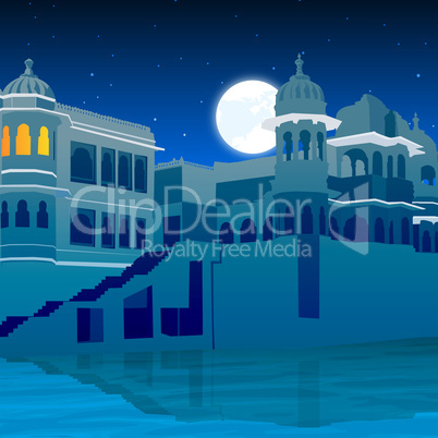 view of palace on full moon, lake side