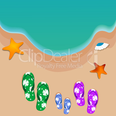 travel, view of beach, starfish, shells, slippers