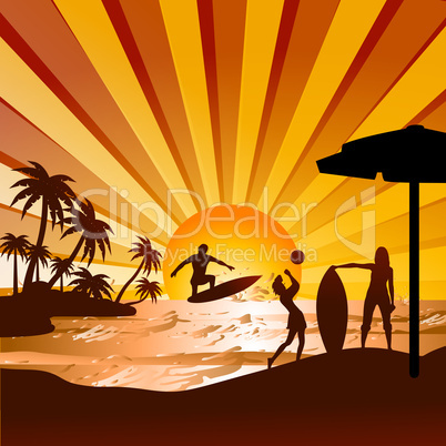 silhouette of beach with human surfing,playing volleyball, view