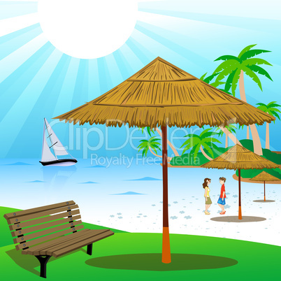 couple at beach with front view of bench and shed