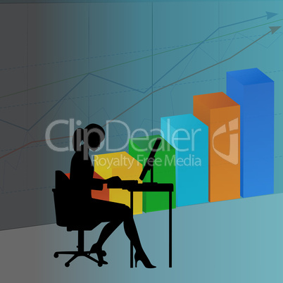 woman working on computer,with bars and graph background