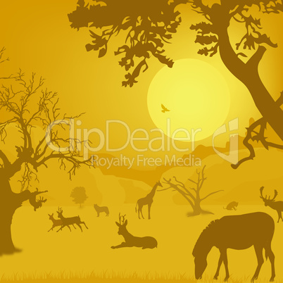 silhouette of wildlife, animals, trees, sun
