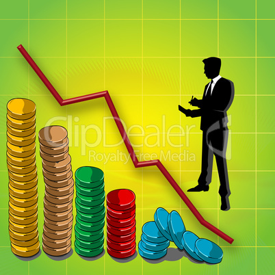 graphline and bar graph of coins, business man silhouette