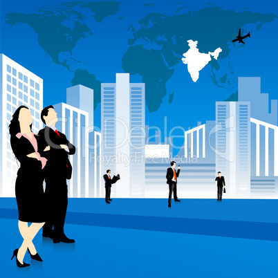 silhouettes of business people, city and world map background