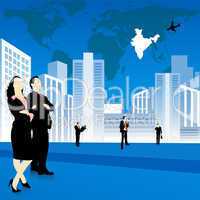 silhouettes of business people, city and world map background