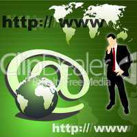 silhouette of business man, globe, internet symbol