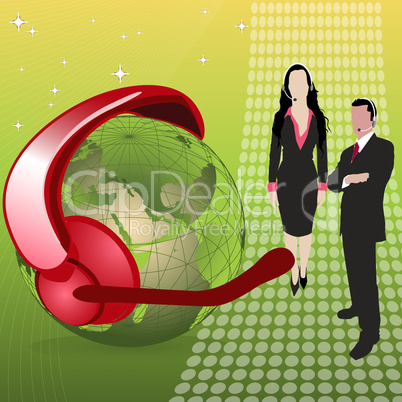 globe with headset, microphone, business people