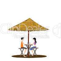 couple under a shed drinking, white background