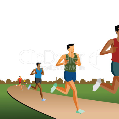 atheletes running on a track, race, white background