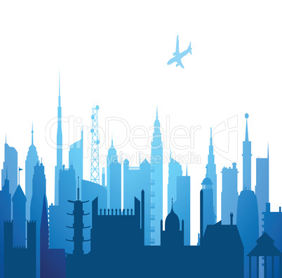 view of cityscape with buildings and airplane