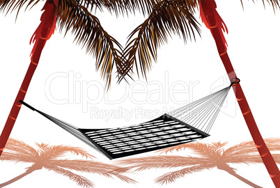 hammock tied to two coconut trees, white background