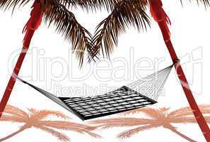 hammock tied to two coconut trees, white background