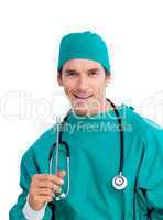 Portrait of a male surgeon holding surgical forceps