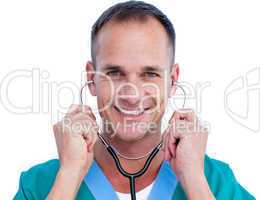 Portrait of a handsome male doctor holding a stethoscope