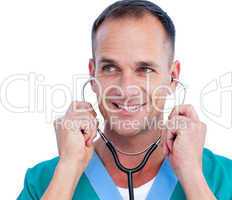 Portrait of a charismatic male doctor holding a stethoscope