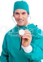 Portrait of an enthusiastic surgeon holding a stethoscope