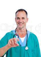 Portrait of a smiling doctor holding a syringe