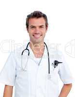 Portrait of a young male doctor holding a stethoscope