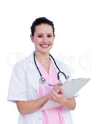 Portrait a smiling female doctor writing notes