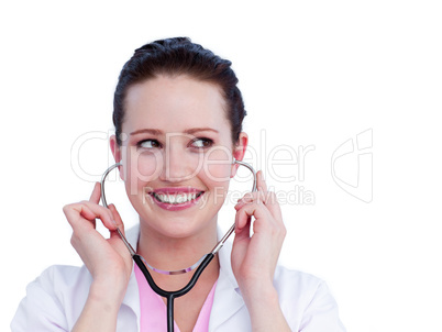 Portrait of a charming female doctor holding a stethoscope