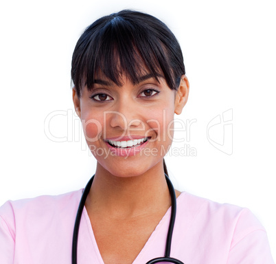 Portrait of an charming female doctor holding a stethoscope