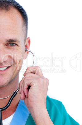 Portrait of a confident male doctor holding a stethoscope