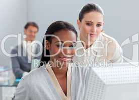 Portrait of two radiant businesswomen working at a computer