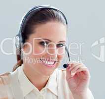Close-up of a businesswoman with headset on
