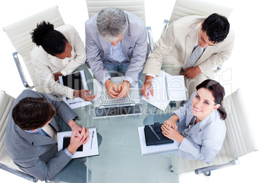 High angle of a multi-ethnic business people in a meeting