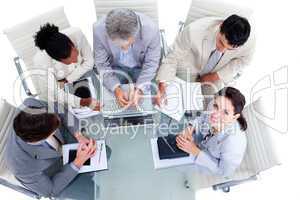 High angle of a multi-ethnic business people in a meeting