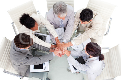 Cheerful international business people with hands together