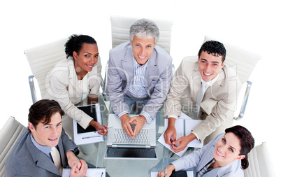 High angle of a multi-ethnic business team in a meeting