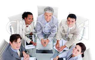 High angle of a multi-ethnic business team in a meeting