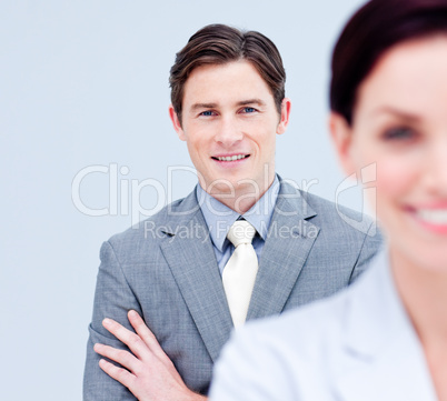 Young business partners standing in a line