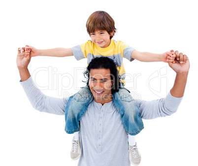 Happy father having fun with his son