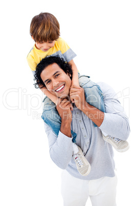 Cheerful little boy having fun with his father