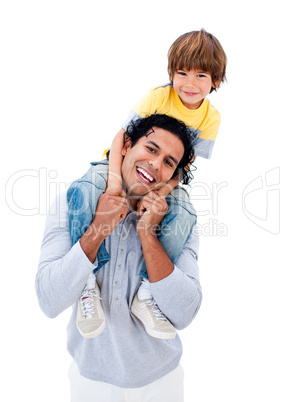 Smiling father having fun with his son