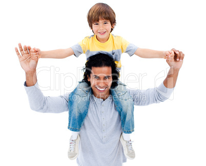 Adorable little boy having fun with his father
