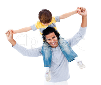 Cute little boy on his father's shoulders