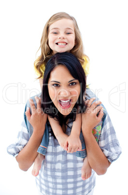 Joyful mother giving piggyback ride to her daughter