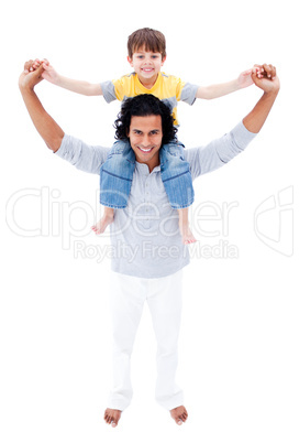 Happy father giving piggyback ride to his son