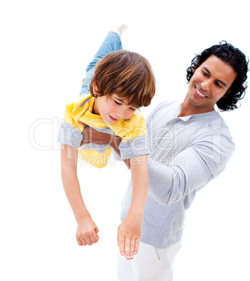 Cheerful father having fun with his son