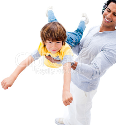 Cheerful father and his boy playing together